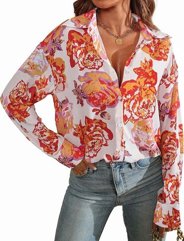 Prettywear بلوزات على الموضة النسائية 2023 قمصان كبيرة الحجم بأزرار للأسفل ورقبة على شكل V مطبوعة وأكمام طويلة بلوزات عمل أنيقة غير رسمية in Kuwait