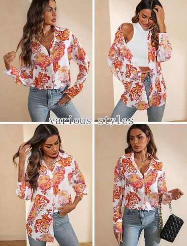 Prettywear بلوزات على الموضة النسائية 2023 قمصان كبيرة الحجم بأزرار للأسفل ورقبة على شكل V مطبوعة وأكمام طويلة بلوزات عمل أنيقة غير رسمية in Kuwait