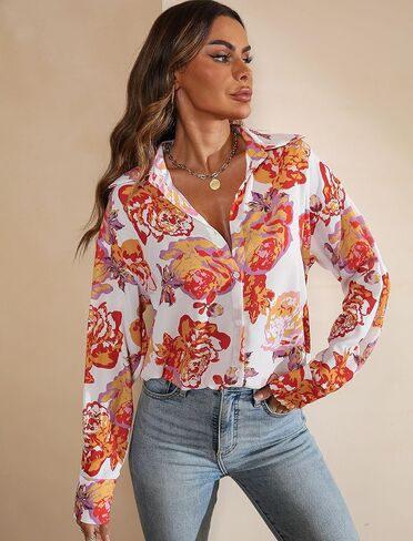 Prettywear بلوزات على الموضة النسائية 2023 قمصان كبيرة الحجم بأزرار للأسفل ورقبة على شكل V مطبوعة وأكمام طويلة بلوزات عمل أنيقة غير رسمية in Kuwait