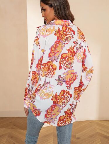 Prettywear بلوزات على الموضة النسائية 2023 قمصان كبيرة الحجم بأزرار للأسفل ورقبة على شكل V مطبوعة وأكمام طويلة بلوزات عمل أنيقة غير رسمية in Kuwait