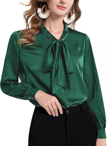 تاباتا البلوزات للنساء الساتان الحرير قمصان ربطة القوس فيونكة الرقبة زر أسفل العمل بلوزة طويلة الأكمام أنيق الأعمال القمم أنيقة in Kuwait