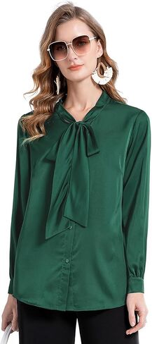 تاباتا البلوزات للنساء الساتان الحرير قمصان ربطة القوس فيونكة الرقبة زر أسفل العمل بلوزة طويلة الأكمام أنيق الأعمال القمم أنيقة in Kuwait