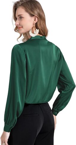 تاباتا البلوزات للنساء الساتان الحرير قمصان ربطة القوس فيونكة الرقبة زر أسفل العمل بلوزة طويلة الأكمام أنيق الأعمال القمم أنيقة in Kuwait