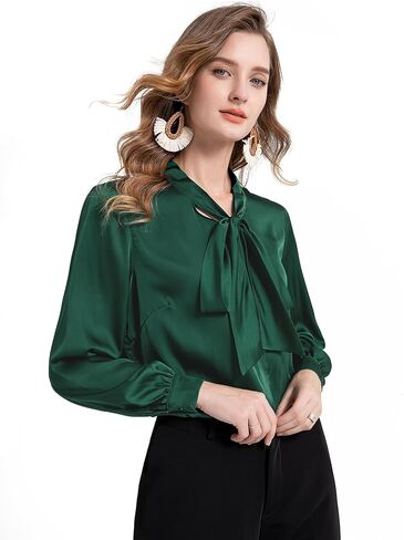 تاباتا البلوزات للنساء الساتان الحرير قمصان ربطة القوس فيونكة الرقبة زر أسفل العمل بلوزة طويلة الأكمام أنيق الأعمال القمم أنيقة in Kuwait