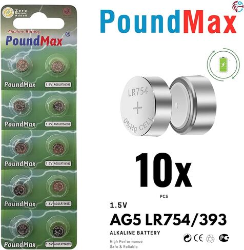 10 بطاريات ايه جي 5 (LR48، LR754، 393) 1.5 فولت - بطاريات خلوية زر قلوية باوند ماكس | 1 × 10 عبوات in Kuwait