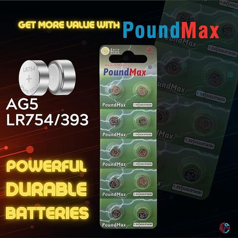 10 بطاريات ايه جي 5 (LR48، LR754، 393) 1.5 فولت - بطاريات خلوية زر قلوية باوند ماكس | 1 × 10 عبوات in Kuwait