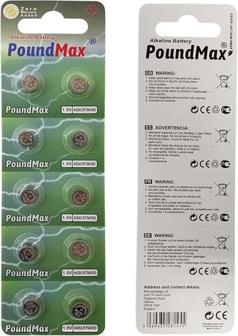 10 بطاريات ايه جي 5 (LR48، LR754، 393) 1.5 فولت - بطاريات خلوية زر قلوية باوند ماكس | 1 × 10 عبوات in Kuwait