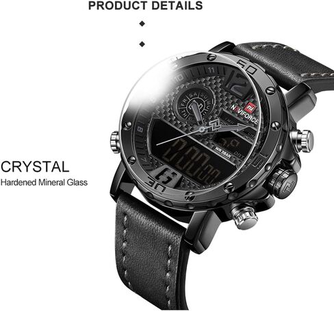 ساعة NAVIFORCE للرجال رياضية مقاومة للماء من الجلد، ساعة تناظرية رقمية فاخرة، كاجوال بتوقيت مزدوج in Kuwait