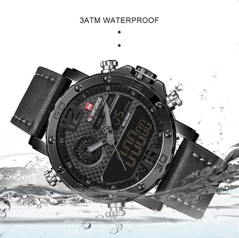 ساعة NAVIFORCE للرجال رياضية مقاومة للماء من الجلد، ساعة تناظرية رقمية فاخرة، كاجوال بتوقيت مزدوج in Kuwait