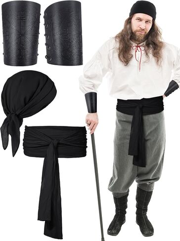 4 Pcs Pirate Costume Adult Pirate Bandana Sash Leather Arm Armor Accessories Men Women Medieval Renaissance Halloween in Kuwait