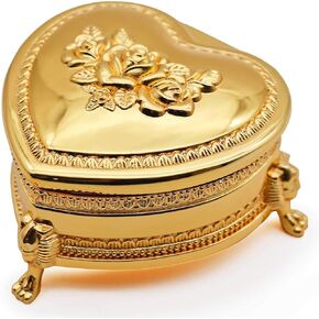 HOLLY TRIP Classic Vintage Heart Shape Metal Jewelry Box Ring Trinket Storage Organizer Chest Christmas Gift, Gold & Pink
