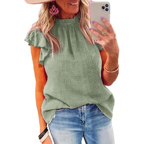 Dokotoo Casual Blouses for Women Crewneck Smocked Ruffle Short Sleeve Babydoll Womens Tops