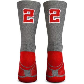 ChalkTalkSPORTS Custom Team Number Mid-Calf Crew Socks | Athletic Socks Gray & Red | Various Numbers