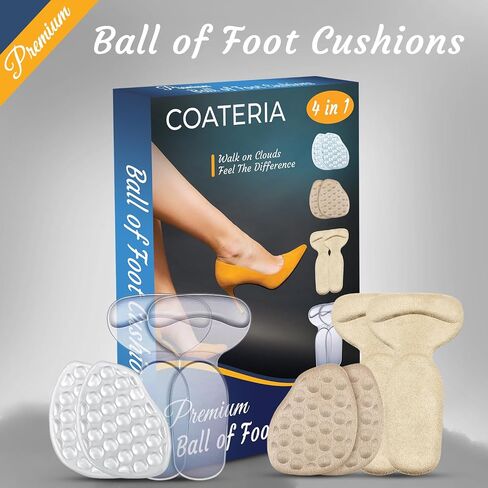 COATERIA Premium Ball of Foot Cushions for High Heels Shoes, Metatarsal Pads with Massage Dots and Heel Cushion Grips, All Day Pain Relief and Comfort, One Size Fits (4 in 1 Set) in Saudi Arabia