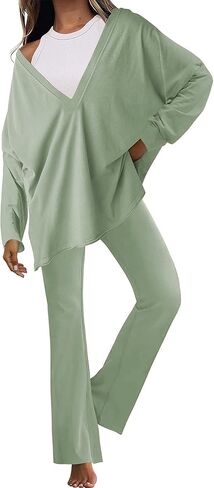 UANEO طقم ملابس للنساء من قطعتين، قمصان كبيرة الحجم وسراويل مضيئة، طقم بأكمام طويلة قابل للعكس in Kuwait