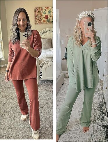 UANEO طقم ملابس للنساء من قطعتين، قمصان كبيرة الحجم وسراويل مضيئة، طقم بأكمام طويلة قابل للعكس in Kuwait