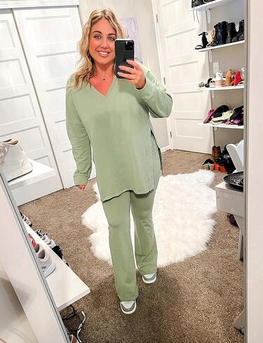 UANEO طقم ملابس للنساء من قطعتين، قمصان كبيرة الحجم وسراويل مضيئة، طقم بأكمام طويلة قابل للعكس in Kuwait