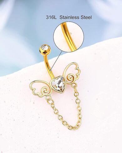 Melighting Chain Belly Button Rings 14G Stainless Steel 316L Heart Belly Rings for Women Clear CZ Wings Belly Piercing Navel Barbell Body Piercing Jewelry in Kuwait