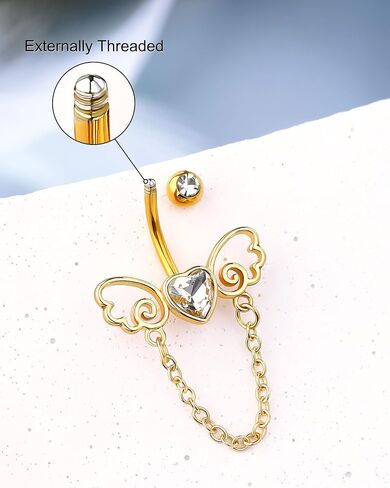 Melighting Chain Belly Button Rings 14G Stainless Steel 316L Heart Belly Rings for Women Clear CZ Wings Belly Piercing Navel Barbell Body Piercing Jewelry in Kuwait