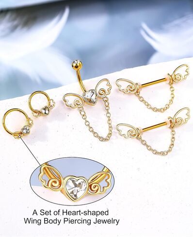 Melighting Chain Belly Button Rings 14G Stainless Steel 316L Heart Belly Rings for Women Clear CZ Wings Belly Piercing Navel Barbell Body Piercing Jewelry in Kuwait