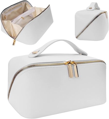 Ladies makeup bag, large capacity travel makeup bag, portable flat large opening makeup bag, waterproof makeup bag, can accommodate toiletries and cosmetics (Double zipper Pink) in Saudi Arabia