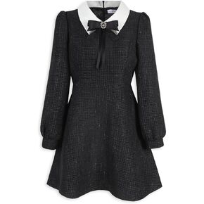 فستان RIRINCO النسائي اللامع من التويد المنتفخ مع بروش بيبي دول بياقة عنق قصيرة in Kuwait