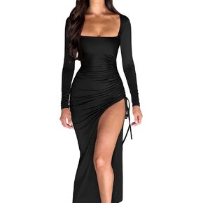 GOKATOSAU Women's Square Neck Long Sleeve Split Drawstring Bodycon Ruched Long Maxi Dress