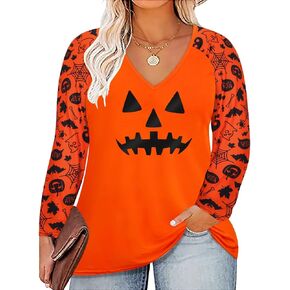 RITERA Plus Size Tops for Women 5X Color Block Tunics Halloween Bat Pumpkin Smile Long Sleeve Raglan Sleeve Holiday Casual Blouses Crewneck Shirts Orange Black Fall Winter 5XL 28W in Kuwait