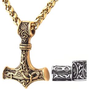 Gungneer Mjolnir Thors Hammer Necklace Mixed Gold Color Pendant Stainless Steel Viking Accessories Norse Pendant Viking Jewelry for Men