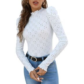 OYOANGLE Women's Elegant Long Puff Sleeve Mock Neck Lettuce Trim Eyelet Embroidery Blouse Tee Tops