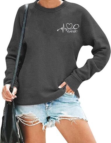 ممرضة Crewneck البلوز المرأة نبضات القلب طباعة قميص نبضات القلب الحب التي شيرت كم طويل فضفاض البلوز ل ممرضة الحياة قميص in Saudi Arabia