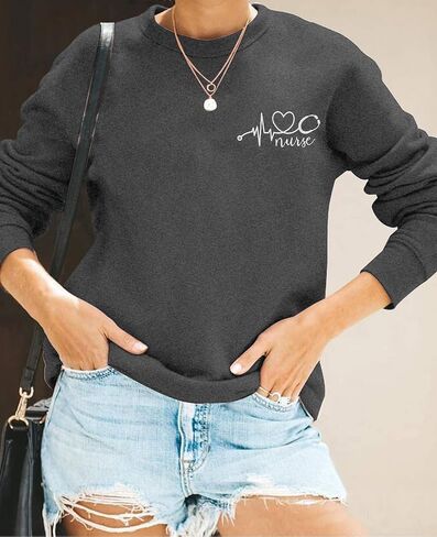 ممرضة Crewneck البلوز المرأة نبضات القلب طباعة قميص نبضات القلب الحب التي شيرت كم طويل فضفاض البلوز ل ممرضة الحياة قميص in Saudi Arabia