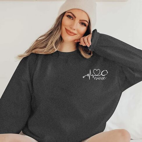ممرضة Crewneck البلوز المرأة نبضات القلب طباعة قميص نبضات القلب الحب التي شيرت كم طويل فضفاض البلوز ل ممرضة الحياة قميص in Saudi Arabia