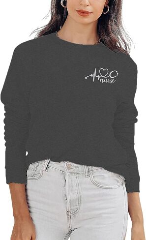 ممرضة Crewneck البلوز المرأة نبضات القلب طباعة قميص نبضات القلب الحب التي شيرت كم طويل فضفاض البلوز ل ممرضة الحياة قميص in Saudi Arabia