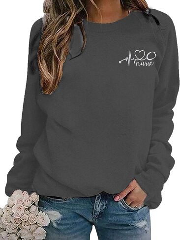 ممرضة Crewneck البلوز المرأة نبضات القلب طباعة قميص نبضات القلب الحب التي شيرت كم طويل فضفاض البلوز ل ممرضة الحياة قميص in Saudi Arabia