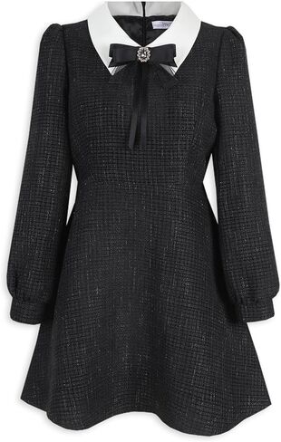 فستان RIRINCO النسائي اللامع من التويد المنتفخ مع بروش بيبي دول بياقة عنق قصيرة in Kuwait