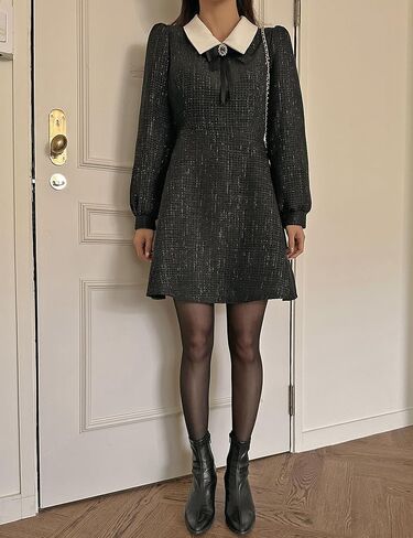 فستان RIRINCO النسائي اللامع من التويد المنتفخ مع بروش بيبي دول بياقة عنق قصيرة in Kuwait