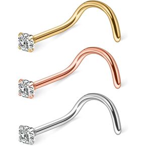 Ruifan 20G Surgical Steel 2mm 2.5mm 3mm Clear CZ Nose Screw Stud Rings Piercing Jewelry 3PCS in Kuwait