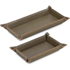 Navaris Faux Leather Tray Set - 2 Valet Organizer Trays for Bedside Table, Night Stand, Desk - Store Keys, Change, Wallet, Phone, Glasses - Brown