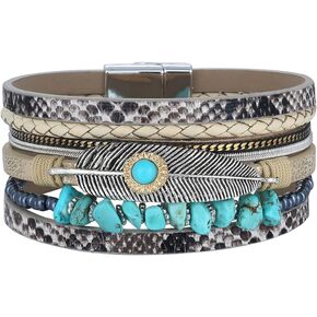 AZORA Turquoise Stone Leather Wrap Bracelet Feather Cuff Bracelets Bohemian Woven Bracelet for Women Girls Gift