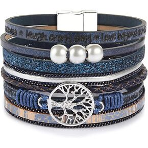 FANCY SHINY Tree of Life Leather Wrap Bracelet Inspirational Cuff Bangles Boho Pearl Bracelets with Clasp Unique Christmas Gifts for Women Teen Girls
