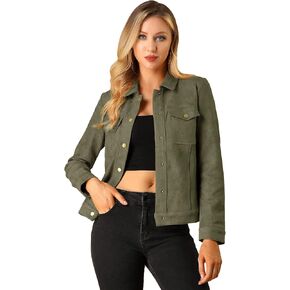 Allegra K Women's Turn-Down Collar Flap Pockets Snap Button Faux Suede Jacket