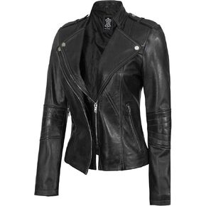 Decrum Leather Jackets For Women Asymmetrical Motorcycle Style Real Leather Casual Womens Fashion Jacket in Kuwait
