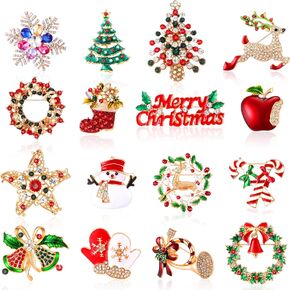 16 Pcs Christmas Brooches for Women Christmas Brooches and Pins Xmas Rhinestone Crystal Set Vintage Snowman Star Garland Reindeer Bells Tree Mixed Wedding Party Craft DIY Decorations Gift