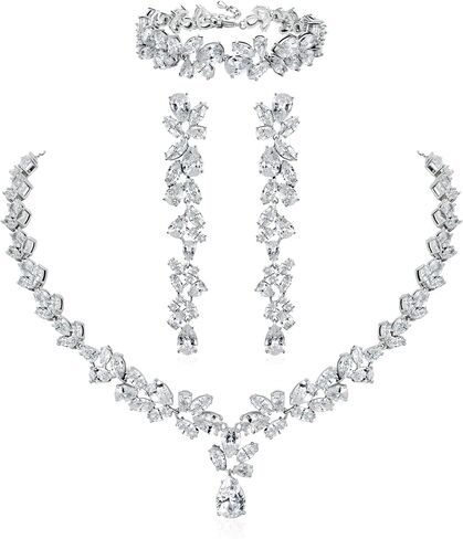 SWEETV Cubic Zirconia Bridal Jewelry Set for Wedding, Crystal Chandelier Necklace Dangle Earrings Bracelet Set, Wedding Prom Jewelry for Bride Bridesmaids Women in Saudi Arabia
