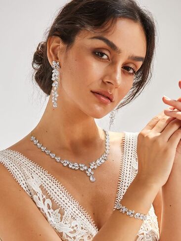 SWEETV Cubic Zirconia Bridal Jewelry Set for Wedding, Crystal Chandelier Necklace Dangle Earrings Bracelet Set, Wedding Prom Jewelry for Bride Bridesmaids Women in Saudi Arabia