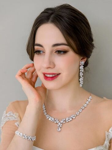 SWEETV Cubic Zirconia Bridal Jewelry Set for Wedding, Crystal Chandelier Necklace Dangle Earrings Bracelet Set, Wedding Prom Jewelry for Bride Bridesmaids Women in Saudi Arabia