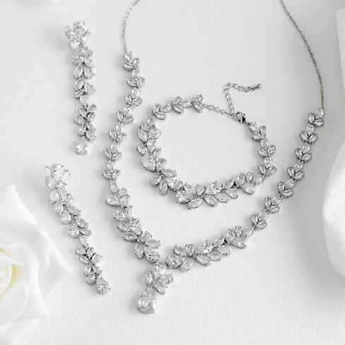 SWEETV Cubic Zirconia Bridal Jewelry Set for Wedding, Crystal Chandelier Necklace Dangle Earrings Bracelet Set, Wedding Prom Jewelry for Bride Bridesmaids Women in Saudi Arabia