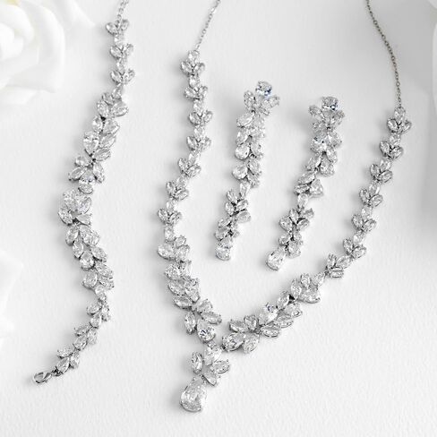 SWEETV Cubic Zirconia Bridal Jewelry Set for Wedding, Crystal Chandelier Necklace Dangle Earrings Bracelet Set, Wedding Prom Jewelry for Bride Bridesmaids Women in Saudi Arabia