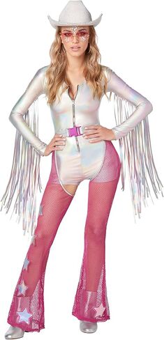 زي راعية البقر الفضائية للبالغين من روح الهالوين | زي راعية البقر الفضائية | رومبير هامشي ثلاثي الأبعاد مع شقوق وردية in Kuwait